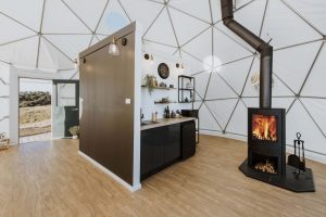 Hideaway Domes kitchen and fireplace